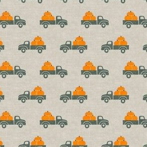 (small scale) fall trucks - pumpkin - sage on tan - C21