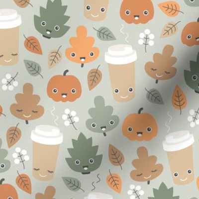 Kawaii autumn leaves and pumpkin spice latte love illustration pattern mist green orange beige pastel