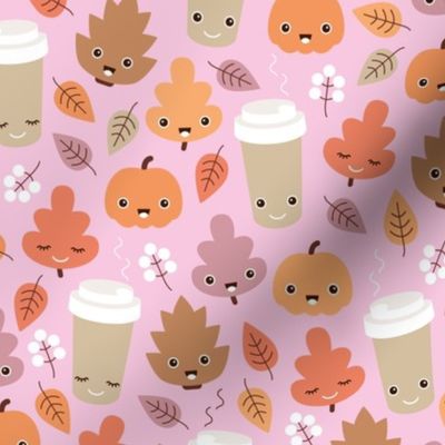 Kawaii autumn leaves and pumpkin spice latte love illustration pattern pink orange beige