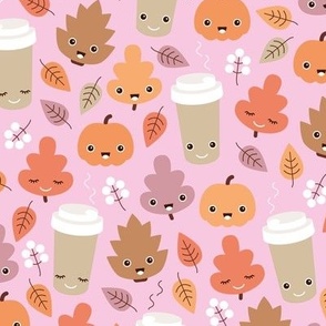 Kawaii autumn leaves and pumpkin spice latte love illustration pattern pink orange beige