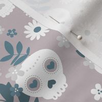 Day of the dead dia de los muertos mexican inspired skulls and bones boho halloween theme in mauve blue and white