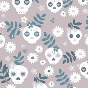 Day of the dead dia de los muertos mexican inspired skulls and bones boho halloween theme in mauve blue and white