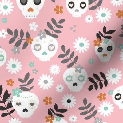Day of the dead dia de los muertos mexican inspired skulls and bones boho halloween theme in aqua blue pink orange black and white girls