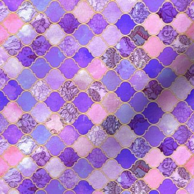 Rotated Pink, Purple and Gold Decorative Moroccan Tiles Tiny Print