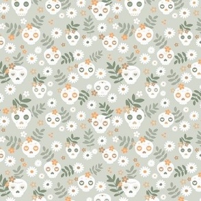 Day of the dead dia de los muertos mexican inspired skulls and bones boho halloween theme in pastel mint sage mist green orange white SMALL