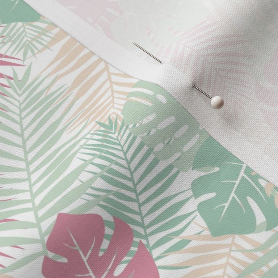 Troical pastel // Normal Scale // Exotic leaves // Summer Mood // Pastel Light Green Pink Cream Mostera PalmWhite Background