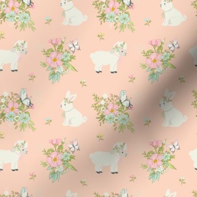 Easter Lamb and Bunny, Spring floral Peachy (pink)  background, small scale 4x4