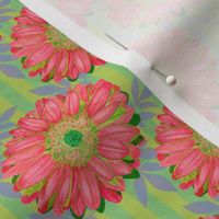 Pink Gerbera Daisies on Green Stripes with Leaves - half step repeat (medium)