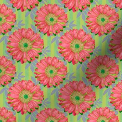 Pink Gerbera Daisies on Green Stripes with Leaves - half step repeat (medium)