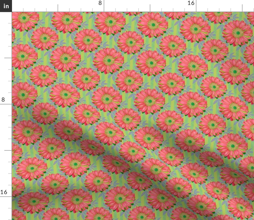 Pink Gerbera Daisies on Green Stripes with Leaves - half step repeat (medium)