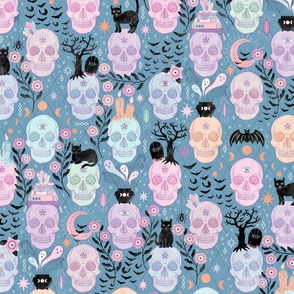 Pastel candy skulls with cats, bats, and witchy things - halloween, blue -  large