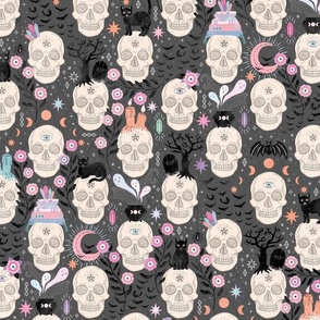 Skulls with cats, bats, and witchy things - halloween, pastel, grey - large