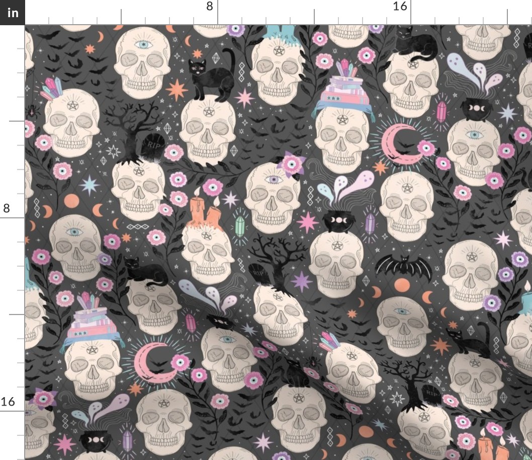 Skulls with cats, bats, and witchy things - halloween, pastel, grey - large