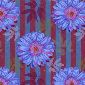 Blue Gerbera Daisies with blue/burgundy stripes and leaves
