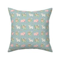 Sweet farm animals cow and pig, spring floral on blue small scall 4x4