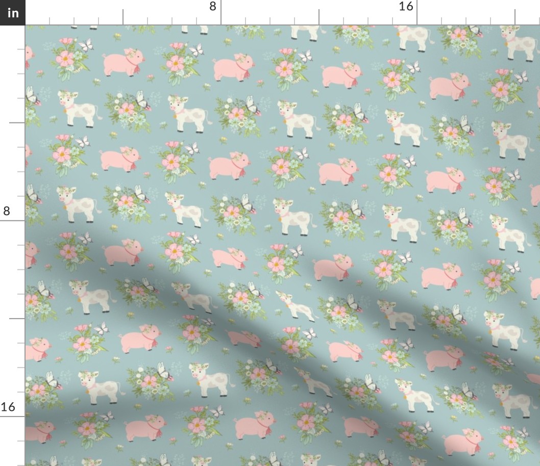 Sweet farm animals cow and pig, spring floral on blue small scall 4x4