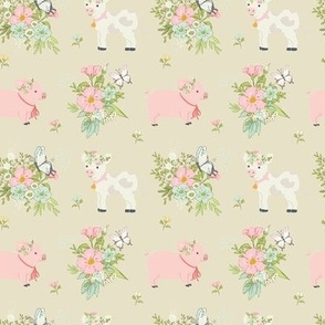 Easter Lamb and Bunny, Spring floral sand background, small scale 4x4