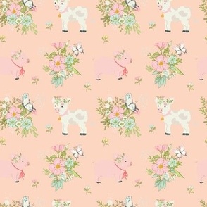 Sweet farm animals cow and pig, spring floral on peachy small scall 4x4