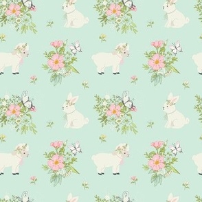 Easter Lamb and Bunny, Spring floral mint background, small scale 4x4