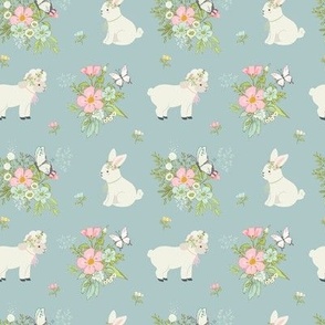 Easter Lamb and Bunny, Spring floral blue background, small scale 4x4