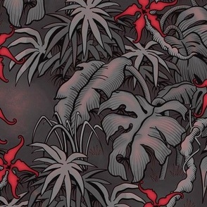 ★ MOODY JUNGLE ★ Monstera, Banana Leaves, Tropical flowers / Charcoal Gray + Red - Small Scale / Collection : Welcome to the Jungle – Wild Tropical Prints