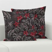 ★ SPOOKY JUNGLE ★ Spiders and Spiderwebs + Monstera, Banana Leaves and Tropical flowers / Charcoal Gray + Red - Large Scale / Collection : Welcome to the Jungle – Wild Tropical Prints