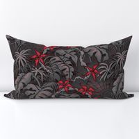 ★ SPOOKY JUNGLE ★ Spiders and Spiderwebs + Monstera, Banana Leaves and Tropical flowers / Charcoal Gray + Red - Large Scale / Collection : Welcome to the Jungle – Wild Tropical Prints