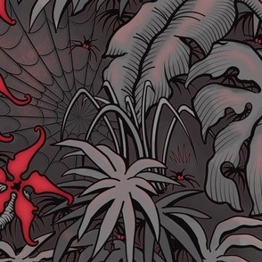 ★ SPOOKY JUNGLE ★ Spiders and Spiderwebs + Monstera, Banana Leaves and Tropical flowers / Charcoal Gray + Red - Large Scale / Collection : Welcome to the Jungle – Wild Tropical Prints