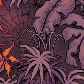 ★ SPOOKY JUNGLE ★ Spiders and Spiderwebs + Monstera, Banana Leaves and Tropical flowers / Plum Purple + Orange - Large Scale / Collection : Welcome to the Jungle – Wild Tropical Prints