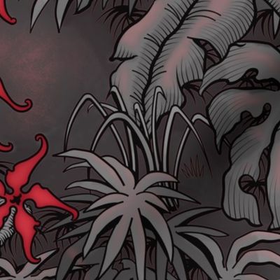 ★ MOODY JUNGLE ★ Monstera, Banana Leaves, Tropical flowers / Charcoal Gray + Red - Large Scale / Collection : Welcome to the Jungle – Wild Tropical Prints