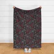 ★ MOODY JUNGLE ★ Monstera, Banana Leaves, Tropical flowers / Charcoal Gray + Red - Large Scale / Collection : Welcome to the Jungle – Wild Tropical Prints