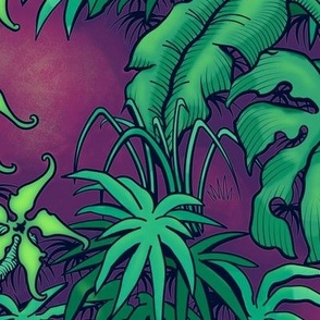 ★ MOODY JUNGLE ★ Monstera, Banana Leaves, Tropical flowers / Purple + Green - Large Scale / Collection : Welcome to the Jungle – Wild Tropical Prints
