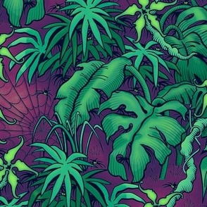 ★ SPOOKY JUNGLE ★ Spiders and Spiderwebs + Monstera, Banana Leaves and Tropical flowers / Purple + Green - Small Scale / Collection : Welcome to the Jungle – Wild Tropical Prints