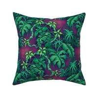 ★ MOODY JUNGLE ★ Monstera, Banana Leaves, Tropical flowers / Purple + Green - Small Scale / Collection : Welcome to the Jungle – Wild Tropical Prints