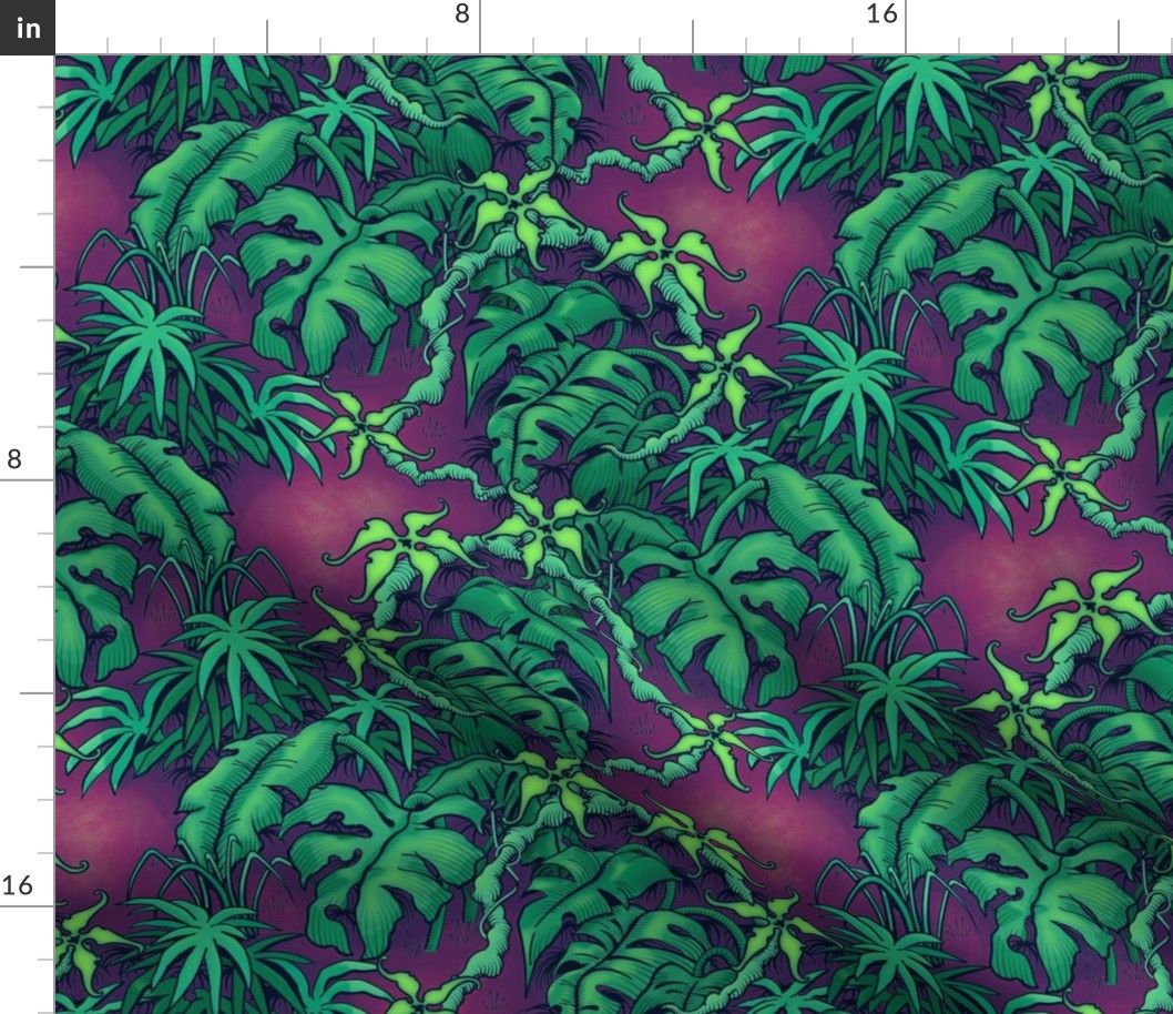 ★ MOODY JUNGLE ★ Monstera, Banana Leaves, Tropical flowers / Purple + Green - Small Scale / Collection : Welcome to the Jungle – Wild Tropical Prints