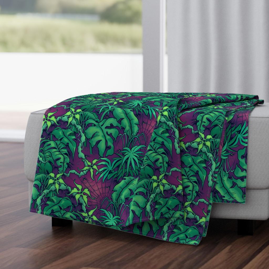 ★ SPOOKY JUNGLE ★ Spiders and Spiderwebs + Monstera, Banana Leaves and Tropical flowers / Purple + Green - Large Scale / Collection : Welcome to the Jungle – Wild Tropical Prints