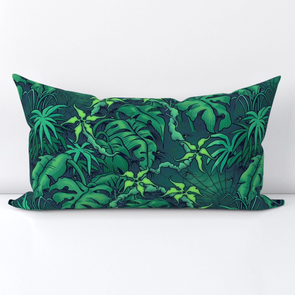 ★ SPOOKY JUNGLE ★ Spiders and Spiderwebs + Monstera, Banana Leaves and Tropical flowers / Green - Large Scale / Collection : Welcome to the Jungle – Wild Tropical Prints