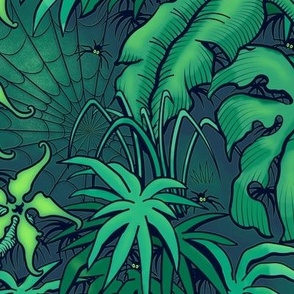 ★ SPOOKY JUNGLE ★ Spiders and Spiderwebs + Monstera, Banana Leaves and Tropical flowers / Green - Large Scale / Collection : Welcome to the Jungle – Wild Tropical Prints
