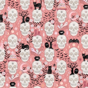 Skulls with cats, bats, and witchy things - halloween, pastel, orange/coral - large