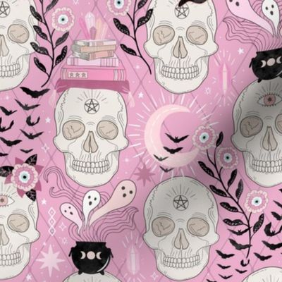 Skulls with cats, bats, and witchy things - halloween, pastel, pink -  large