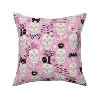 Skulls with cats, bats, and witchy things - halloween, pastel, pink -  large
