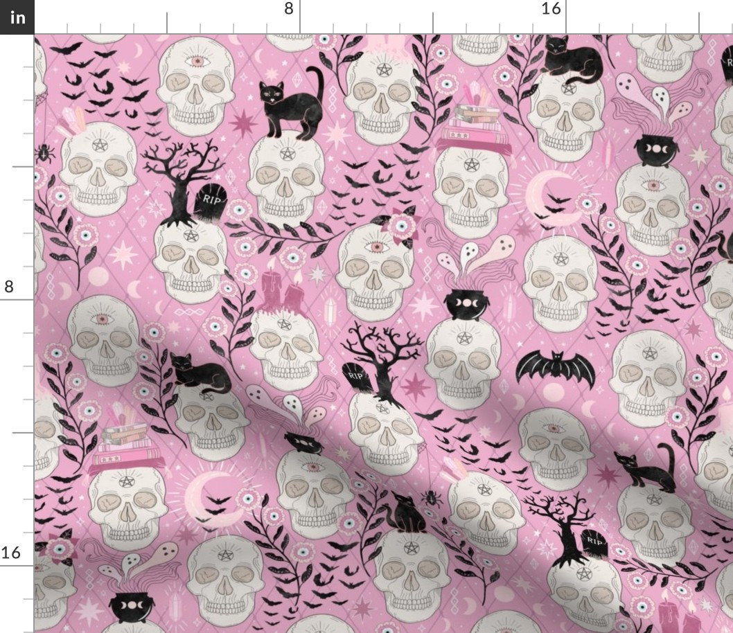 Skulls with cats, bats, and witchy things - halloween, pastel, pink -  large