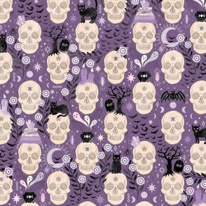 Skulls with cats, bats, and witchy things - halloween, pastel, purple - large