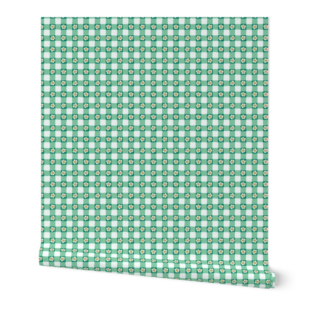 Gingham check with Australian wax flowers in mint green and white