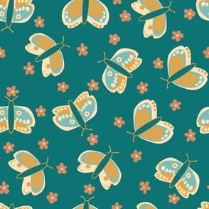 Moths in the Garden - Fall Colours - Teal - 16" Repeat