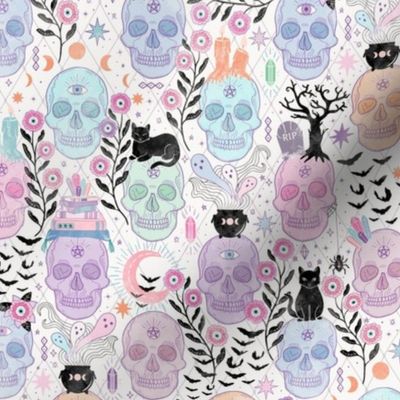 Pastel candy skulls with cats, bats, and witchy things - halloween, bone - small