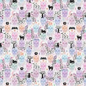Pastel candy skulls with cats, bats, and witchy things - halloween, bone - small