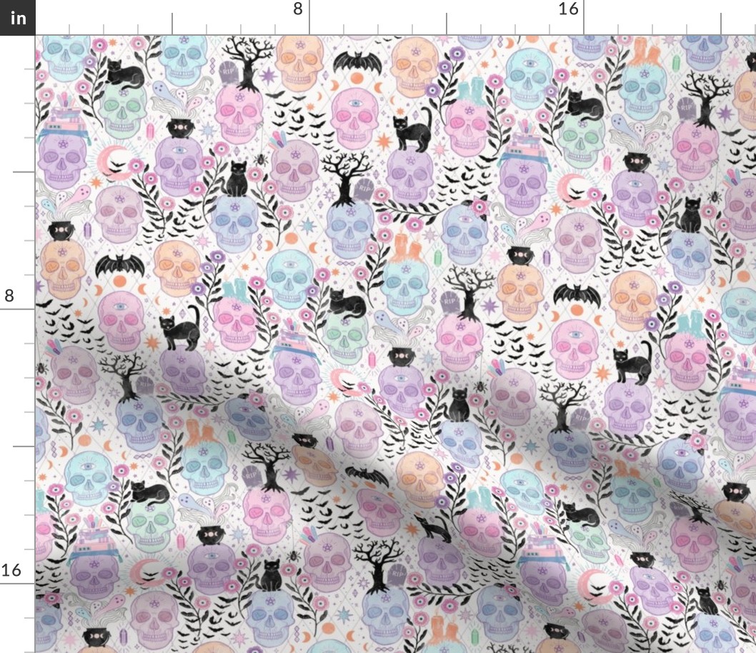 Pastel candy skulls with cats, bats, and witchy things - halloween, bone - small