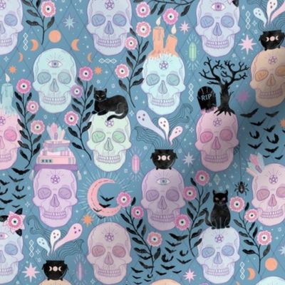 Pastel candy skulls with cats, bats, and witchy things - halloween, blue -  small