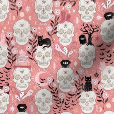 Skulls with cats, bats, and witchy things - halloween, pastel, orange/coral - small